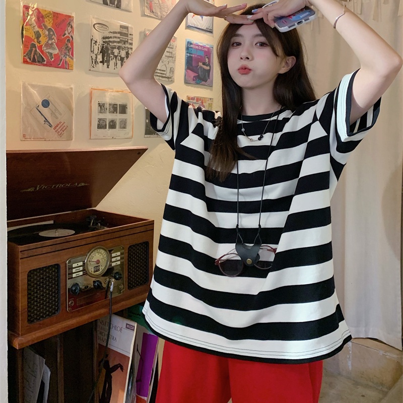 Áo thun SUXI cổ tròn dáng rộng họa tiết kẻ sọc thời trang mùa hè phong cách vintage cho nữ