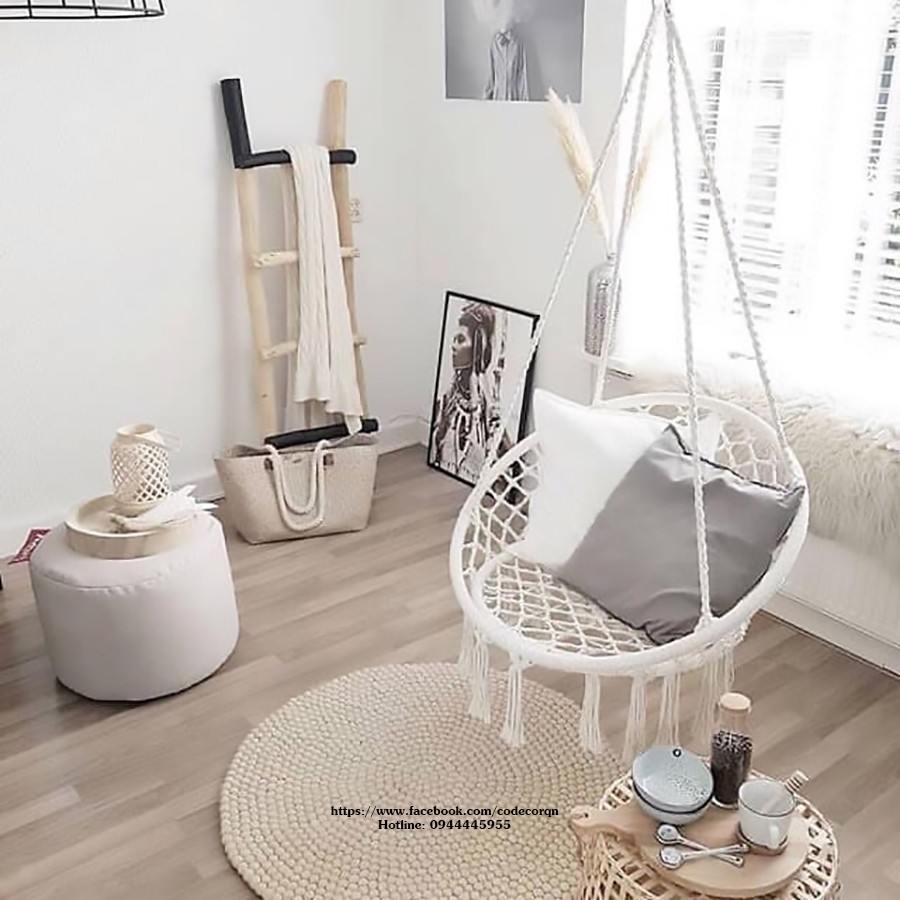 Xích đu mây đan 80 Macrame trắng (kèm phụ kiện treo)