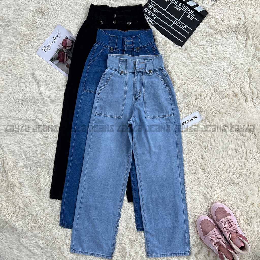 Quần Jean Nữ Ống Rộng Lưng Cao Bản To Layla Ver.222, Baggy Jean Ống Suông Cạp Cao Nút Đôi Phong Cách Cá Tính