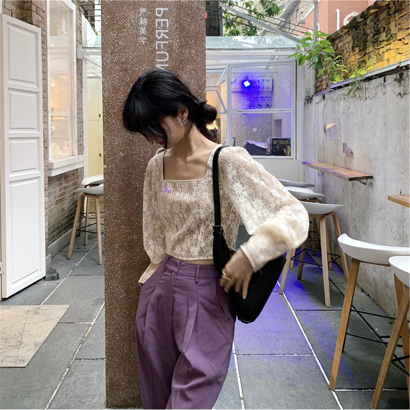 Set áo ren trắng tay dài cổ vuông croptop ngắn + quần dài lưng cao màu tím ulzzang ( có bán riêng )