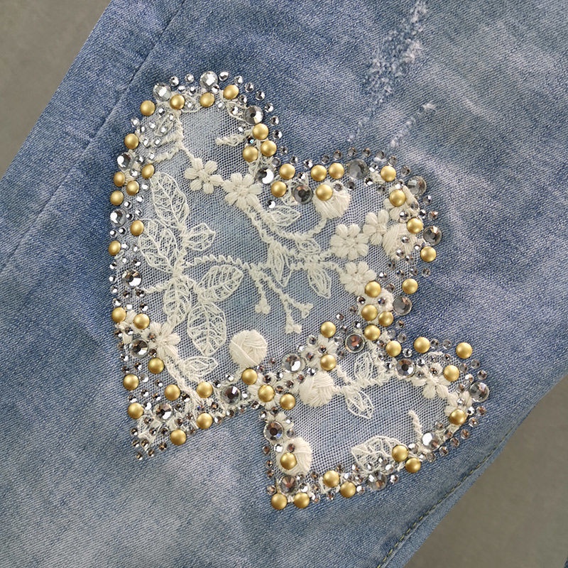 Quần Jean Ôm Dáng Dài Ngang Mắt Cá Chân Đính Đá Dễ Phối Đồ Hợp Thời Trang