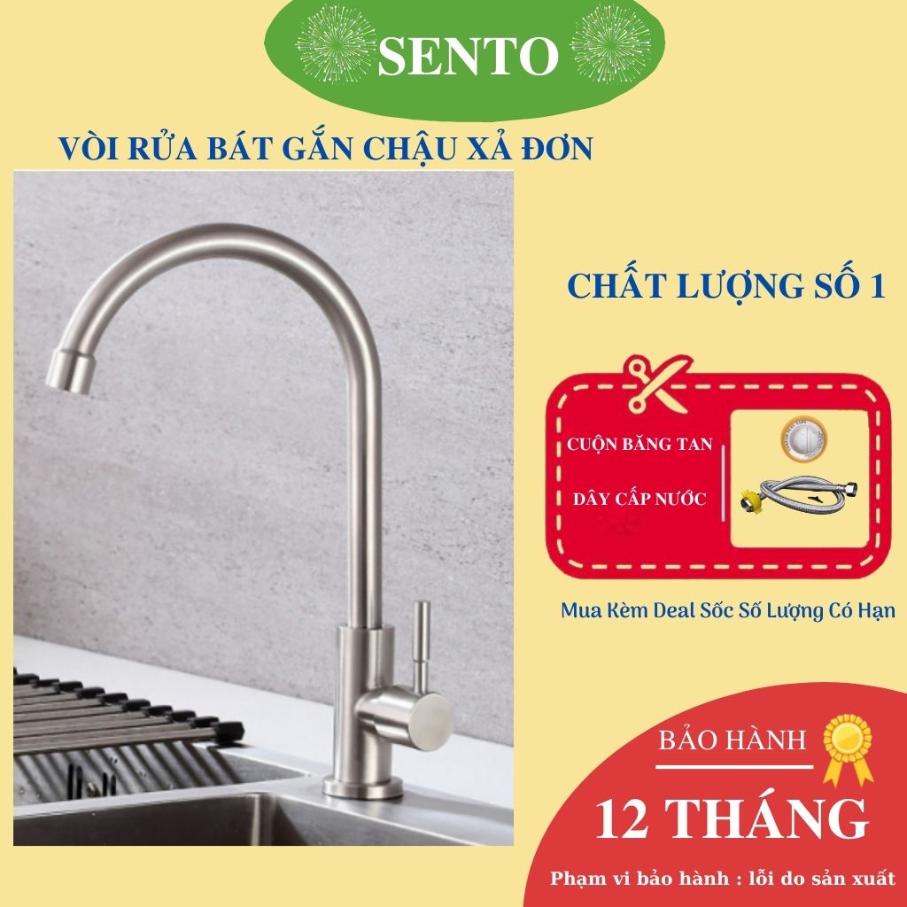 Vòi Rửa Chén Bát Gắn Chậu Xả Đơn Inox 304 - Tặng Kèm Cặp Dây Bảo Hành 12 Tháng