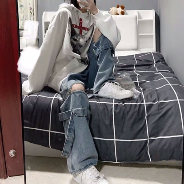 Quần jeans ống rộng unisex xẻ gối kéo khoá có thể tháo dời oversize Ulzzang siêu chất ❤️