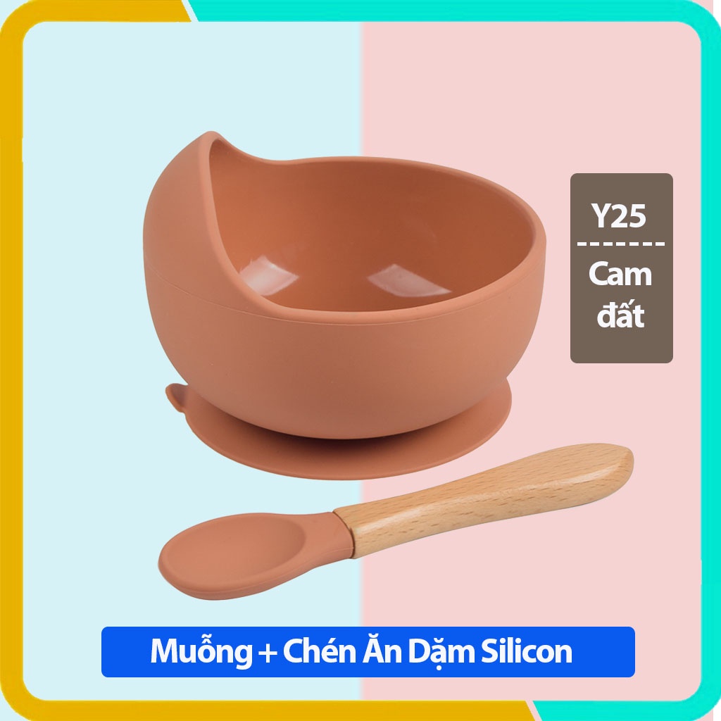 Chén Ăn Dặm Silicon Kèm Thìa Tay Cầm Gỗ - Đế Hít Chống Đỗ- Chất Liệu An Toàn Cho Bé- Ăn Dặm Chỉ Huy Kiểu Nhật