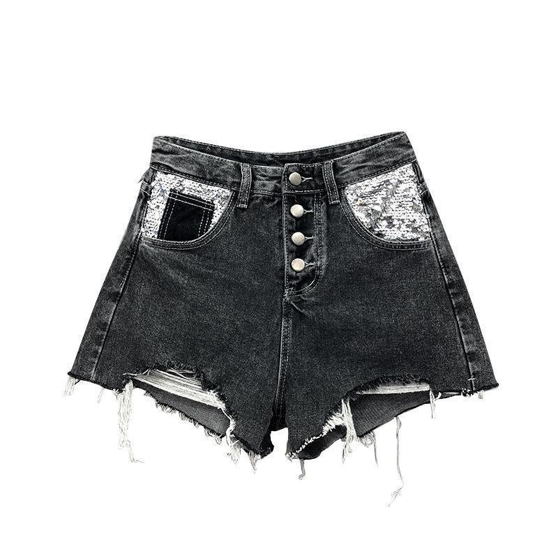Jiashucheng Quần Short Denim Lưng Cao Dáng Chữ a Đính Kim Sa Lấp Lánh Thời Trang Mùa Hè Dành Cho Nữ