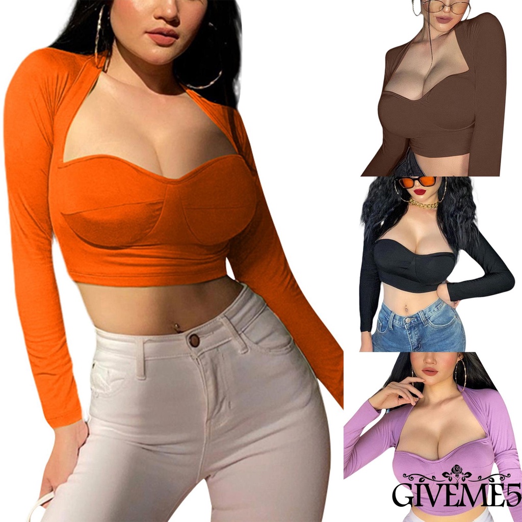 Áo Thun Crop Top GIVEME Tay Dài Cổ Chữ V Màu Trơn Thời Trang Hè Thu Cho Nữ