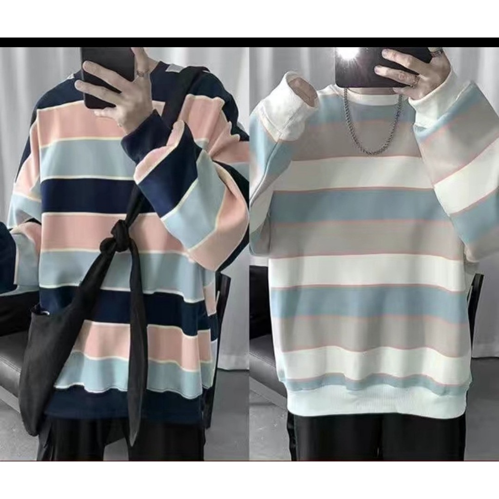 [Mã 12FASHIONSALE1 giảm 10K đơn 50K] áo sweater thun tay dài kẻ sọc sáng rộng phong cách thời trang trẻ trung nam nữ | BigBuy360 - bigbuy360.vn