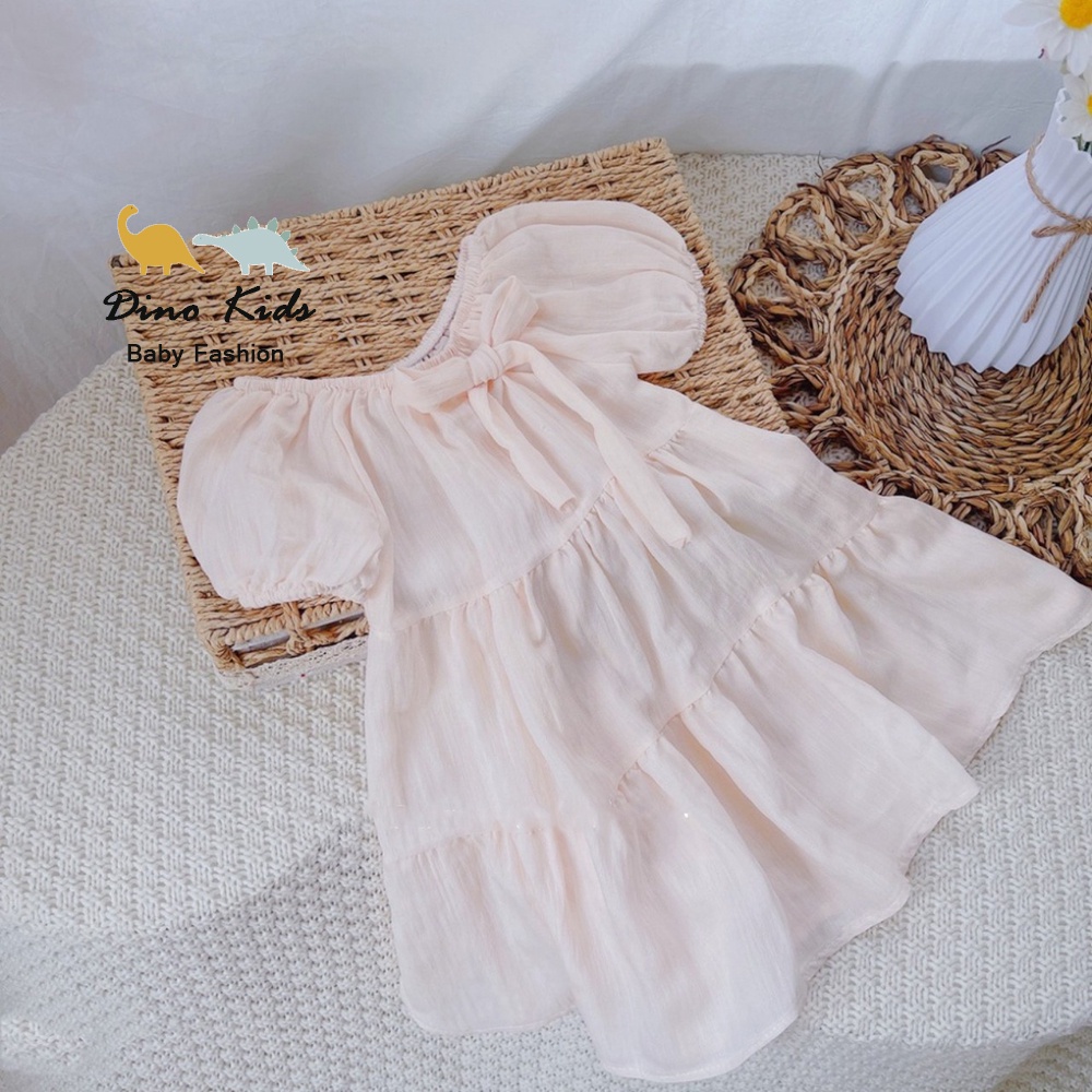 Váy xòe tầng bé gái kiểu dáng công chúa, Váy công chúa màu kem cổ chun gắn nơ ngực xinh xắn bé gái