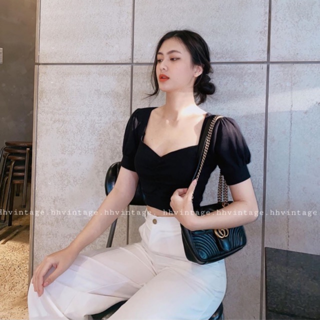 áo croptop cổ U tay ngắn thun gân hình thật