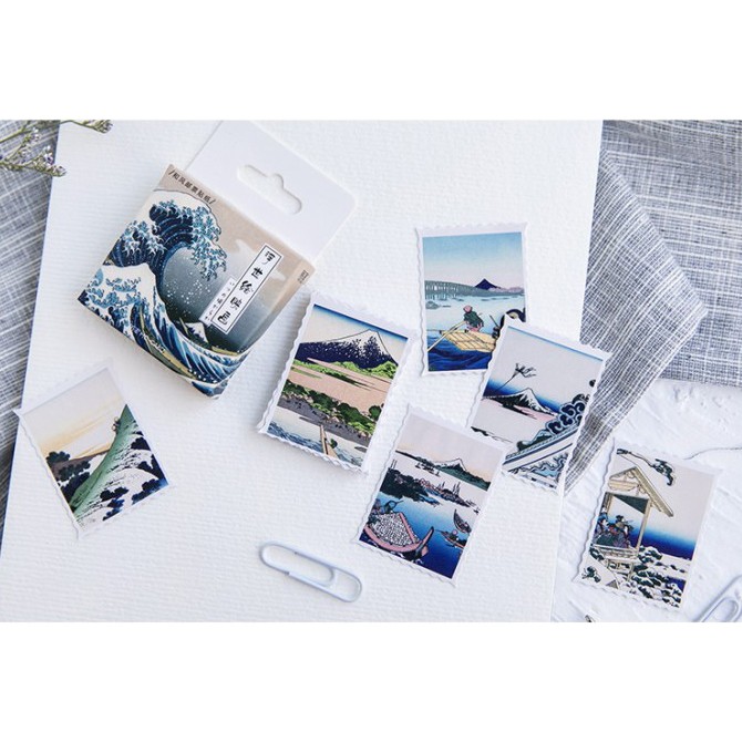 Hộp 46 miếng sticker mẫu tem tranh hokusai phong cảnh nhật bản