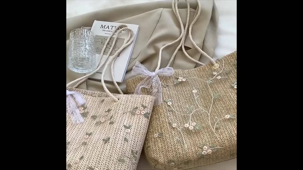 Túi cói phối ren tiểu thư cột nơ phong cách Hàn Quốc, Túi xách nữ | BigBuy360 - bigbuy360.vn