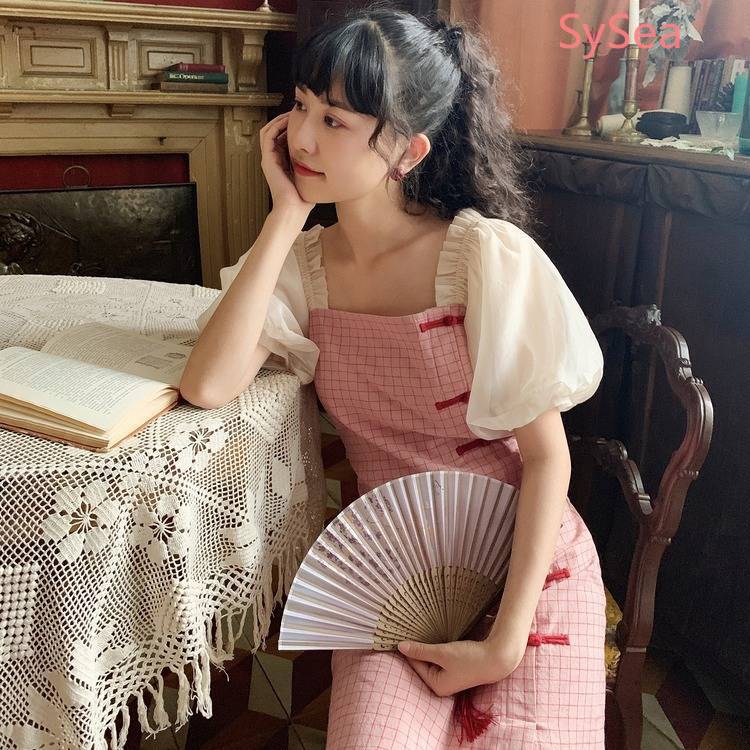 Đầm Sườn Xám Cách Tân Ngắn Tay In Họa Tiết Caro Phong Cách Cổ Điển Trang Nhã Cho Mùa Hè