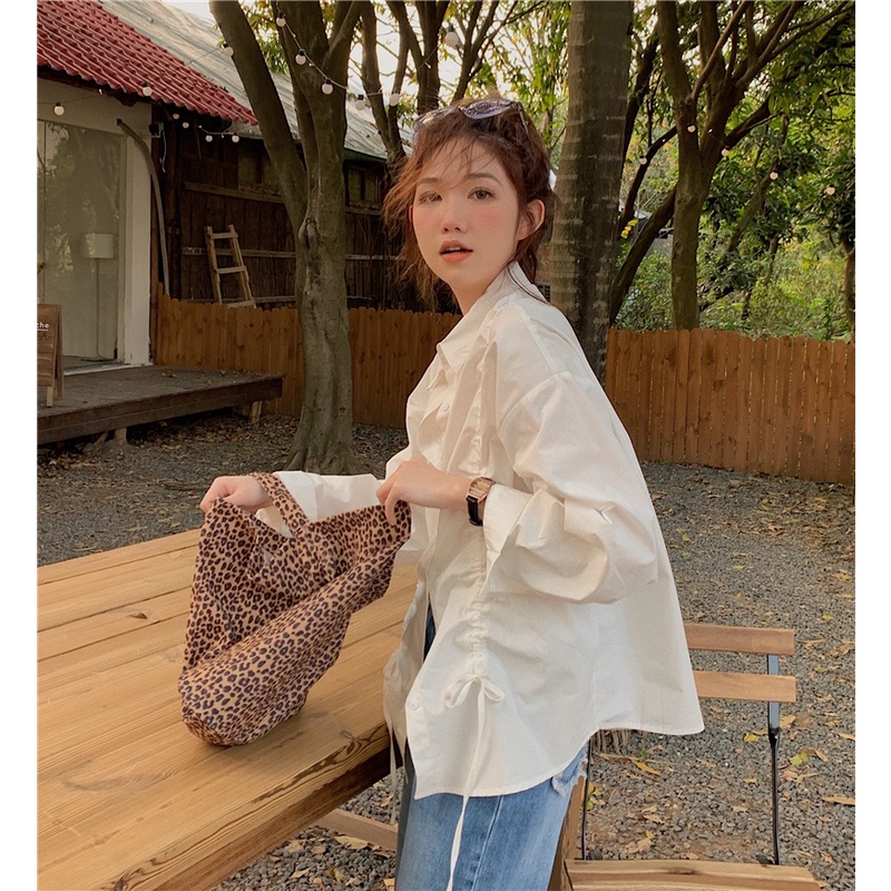 Áo Kiểu Tay Dài Dáng Rộng Phối Dây Rút Phong Cách Thời Trang Hàn Quốc Cho Nữ