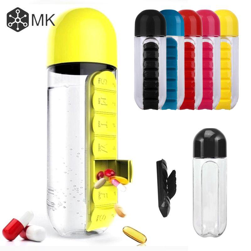 Bình nước trong suốt dung tích 600ml tích hợp hộp đựng thuốc uống theo toa tiện lợi