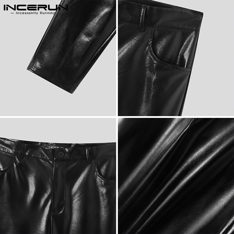Quần INCERUN dạng dài bằng da màu đen kiểu dáng ôm sát thời trang thường ngày sành điệu cho nam