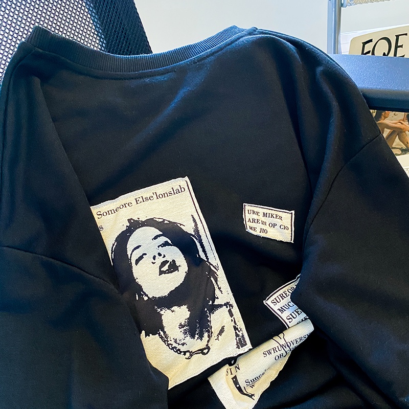 ZHELIHANGFEI Áo Thun Sweater Dáng Rộng Tay Dài In Họa Tiết Kiểu Retro Mỹ Dễ Phối Đồ