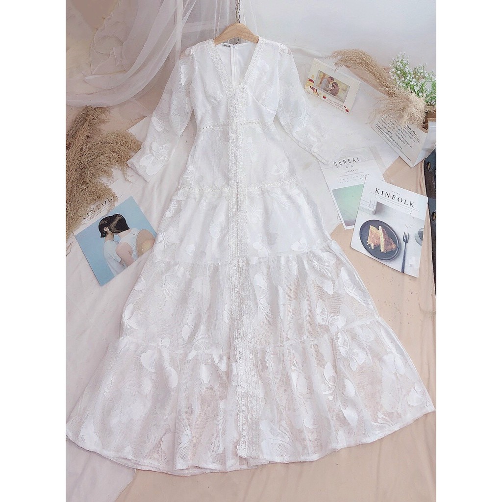 [RL09] ﻿Đầm Maxi Tay Dài Phồng Vai Cổ V Viền Ren Bo Eo Đuôi Xòe Tầng - Vải Ren - 1 Màu Trắng - Dành Cho Nàng Đi Tiệc | BigBuy360 - bigbuy360.vn