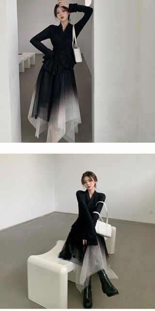 Set Áo Vest Kèm Váy Voan Tầng Ombre Sang Chảnh