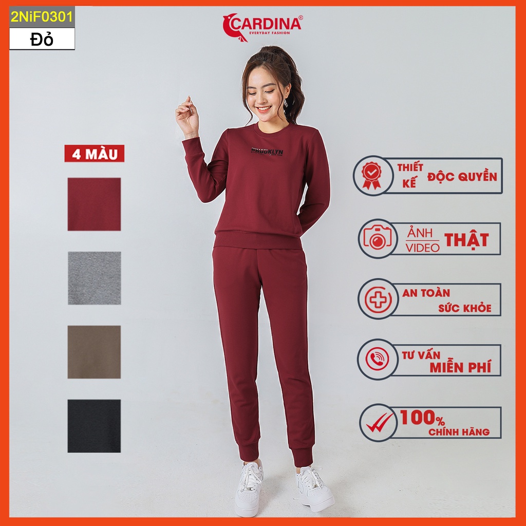 Bộ nỉ nữ CARDINA chất cotton da cá cao cấp dáng thể thao in chữ trẻ trung năng động 2NiF03.