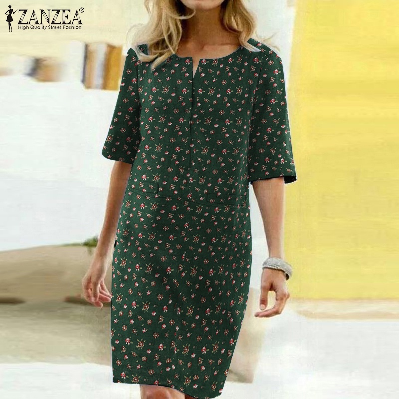 Váy midi Zanzea tay ngắn cổ chữ v in họa tiết hoa xinh xắn phong cách cổ điển thời trang cho nữ