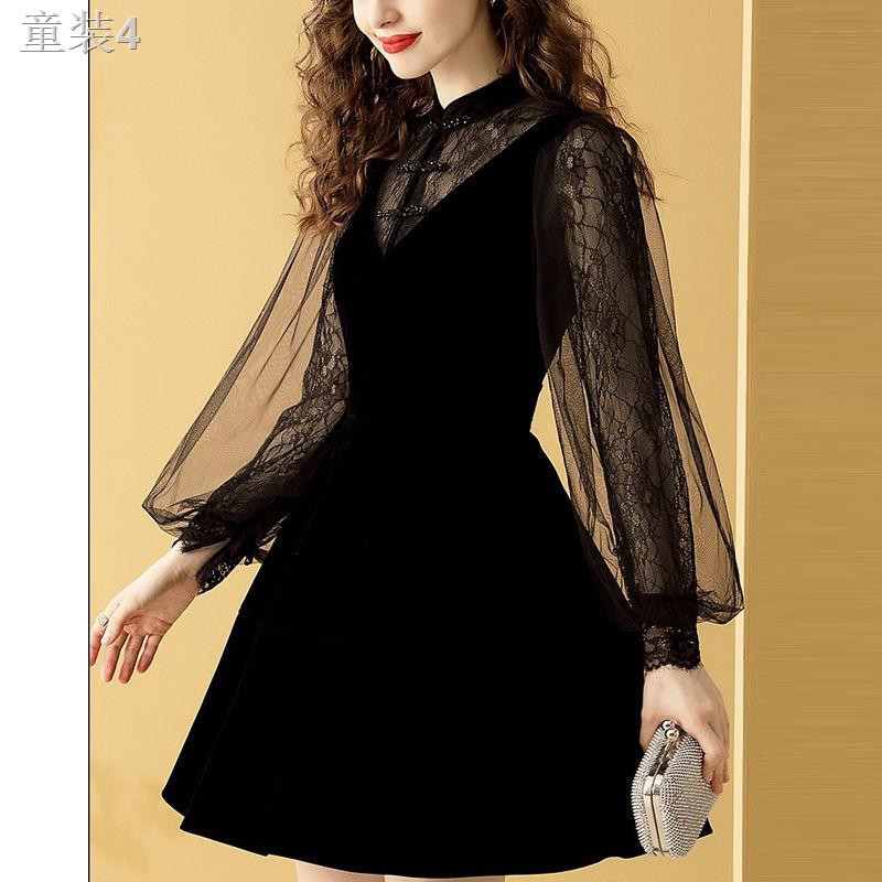 ❆♟Phụ nữ 2021 mới phong cách Hepburn váy nhỏ màu đen ren lưới nối sườn xám nhung vàng phiên bản cải tiến xu hướng
