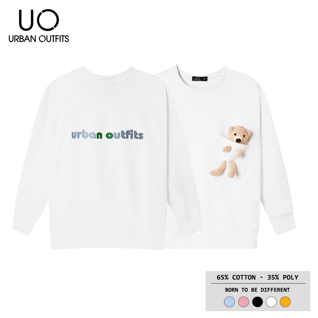 Hàng OUTLET 3 Màu SWO11 Áo Sweater Nữ Nam Form Rộng URBAN OUTFITS Có Túi Gấu Trước In UO Thun Cotton Nỉ