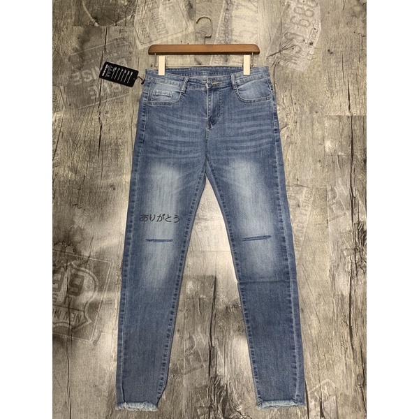 Quần jean nam skinny màu xanh rách gối chữ nhật kèm ảnh thật
