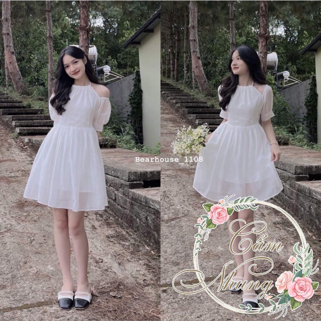 Váy trắng 2 lớp tiểu thư cổ yếm dây buộc CAMNHUNG