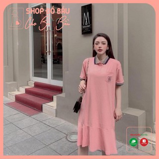Đầm bầu cotton - váy bầu công sở dáng suông cổ kẻ phối tay viền kẻ freesize tới 70kg BN33