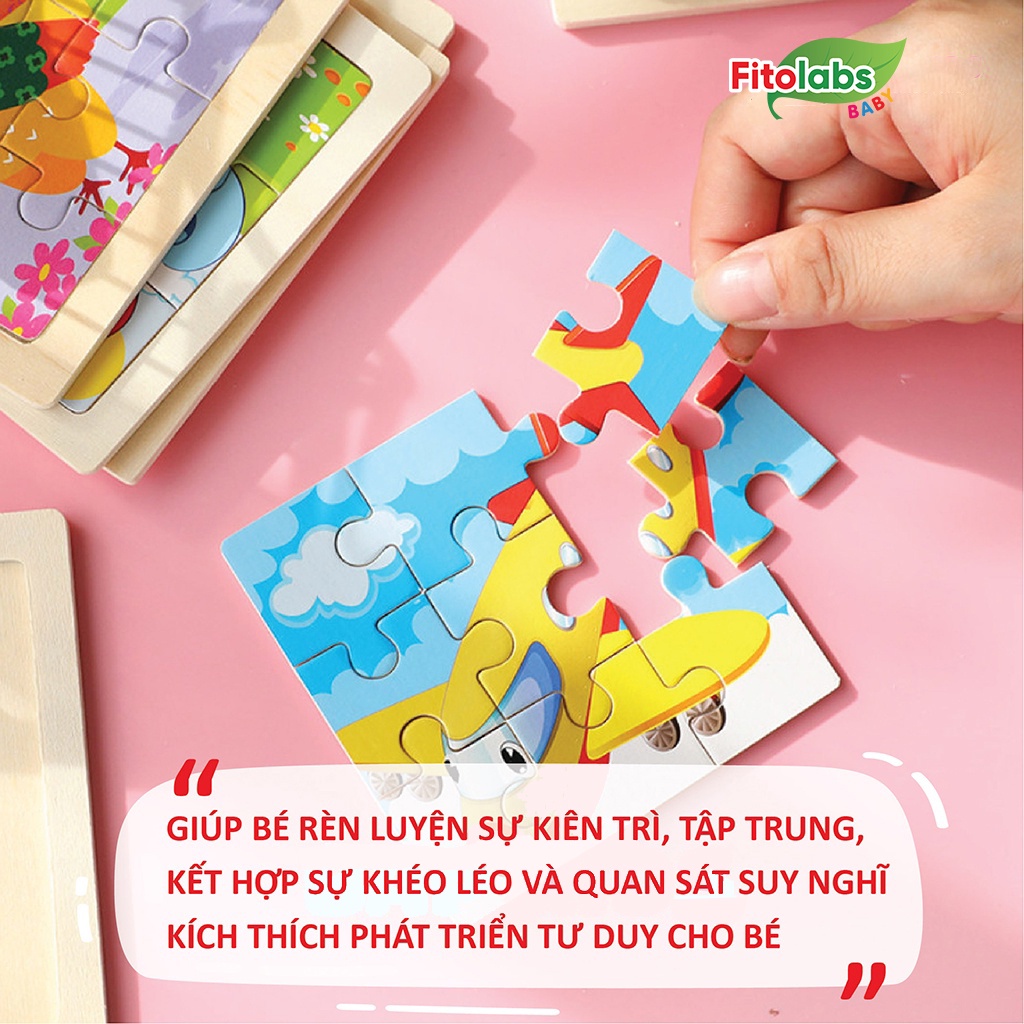 [QUÀ TẶNG KHÔNG BÁN] Tranh Ghép Gỗ Thông Minh FITOLABS Họa Tiết Đáng Yêu, Rèn Luyện Trí Não Cho Bé - 9 Mảnh 11x11cm