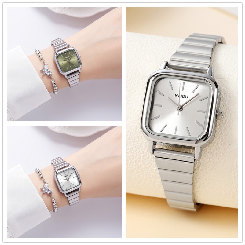 Đồng Hồ Quartz Mặt Vuông Với Dây Đeo Thép Mạ Bạc Thời Trang