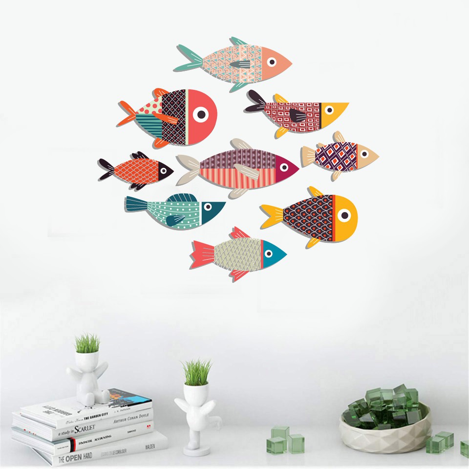 BỘ CÁ  DECOR CAO CẤP - 9 EM CÁ DÁN TƯỜNG TẶNG KÈM dính
