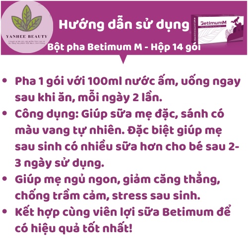 Bột pha lợi sữa cốm sau sinh Betimum-M giúp mẹ giảm căng thẳng, ngủ ngon và sâu giấc hơn - Hộp 14 gói