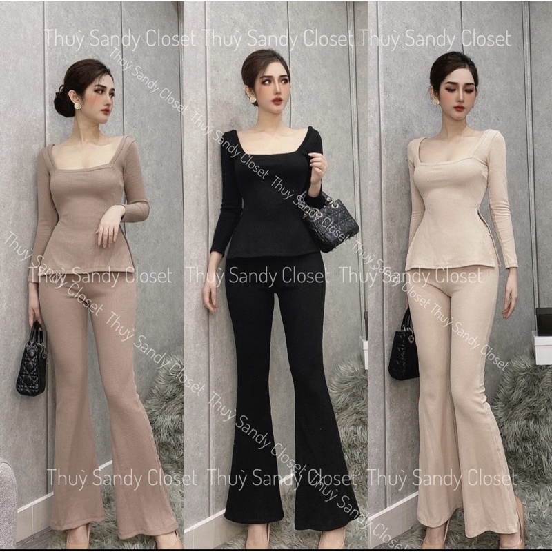 Set áo cổ vuông quần dài ống loe ( chất dày dặn) hàng thiết kế