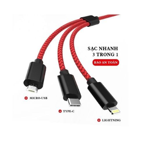 Combo cốc sạc 3 chân cắm USB sạc nhanh 3.4A  + dây sạc 2 mét 3 đầu iphone, androi, typeC bọc dù cao cấp COLLEN