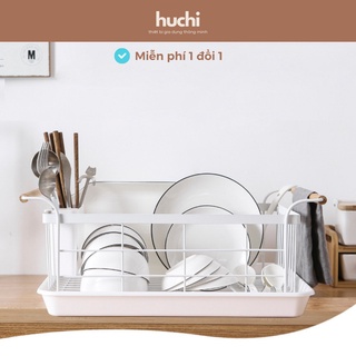 Kệ úp bát đĩa có khay thoát nước, giá úp chén bát trên bồn rửa, chất liệu thép không gỉ có tay cầm gỗ