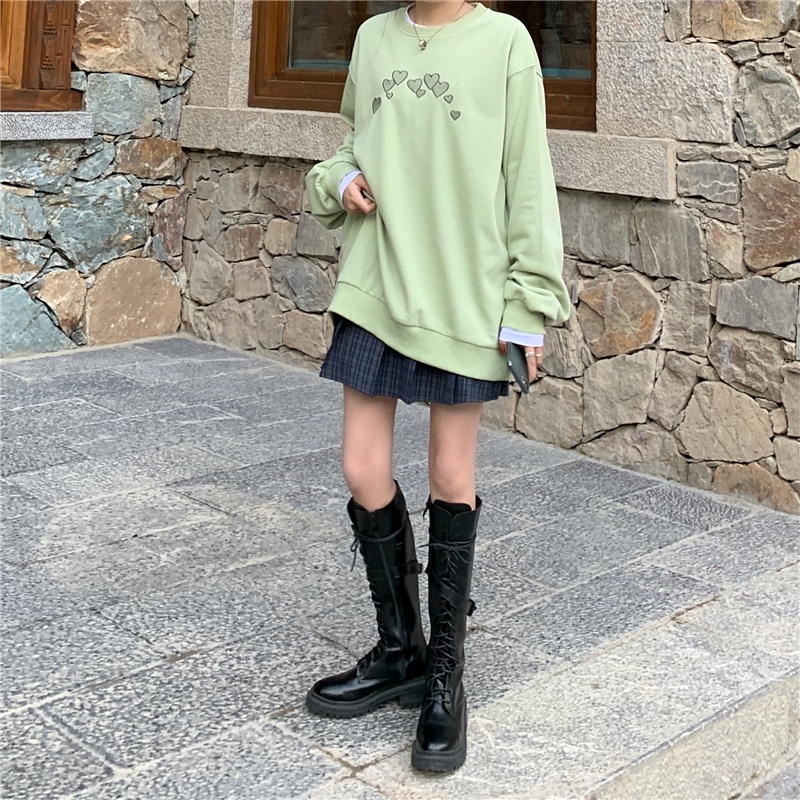 Áo thun tay dài cổ tròn dáng rộng in hình trái tim phong cách Hàn Quốc dễ thương cho nữ