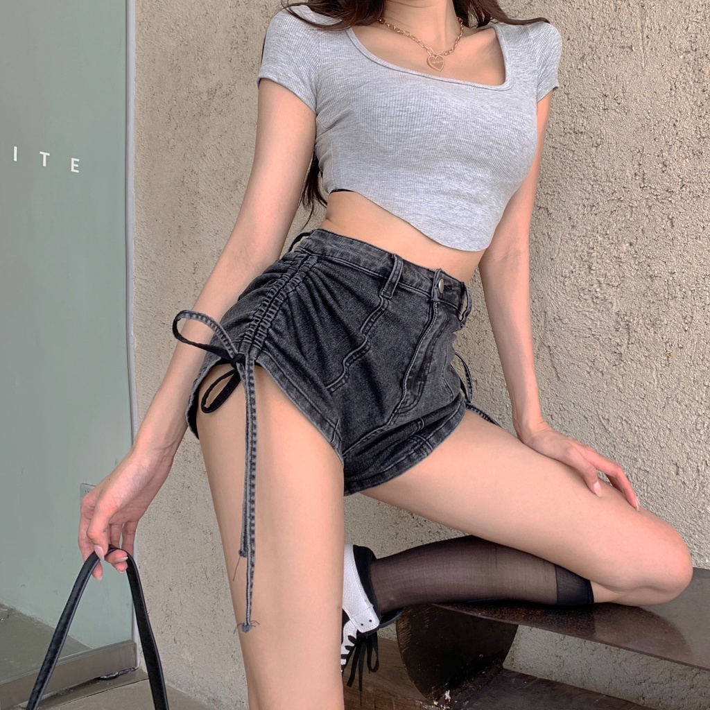 DUNEA Quần short denim lưng cao thắt nơ phong cách đường phố cá tính dành cho nữ