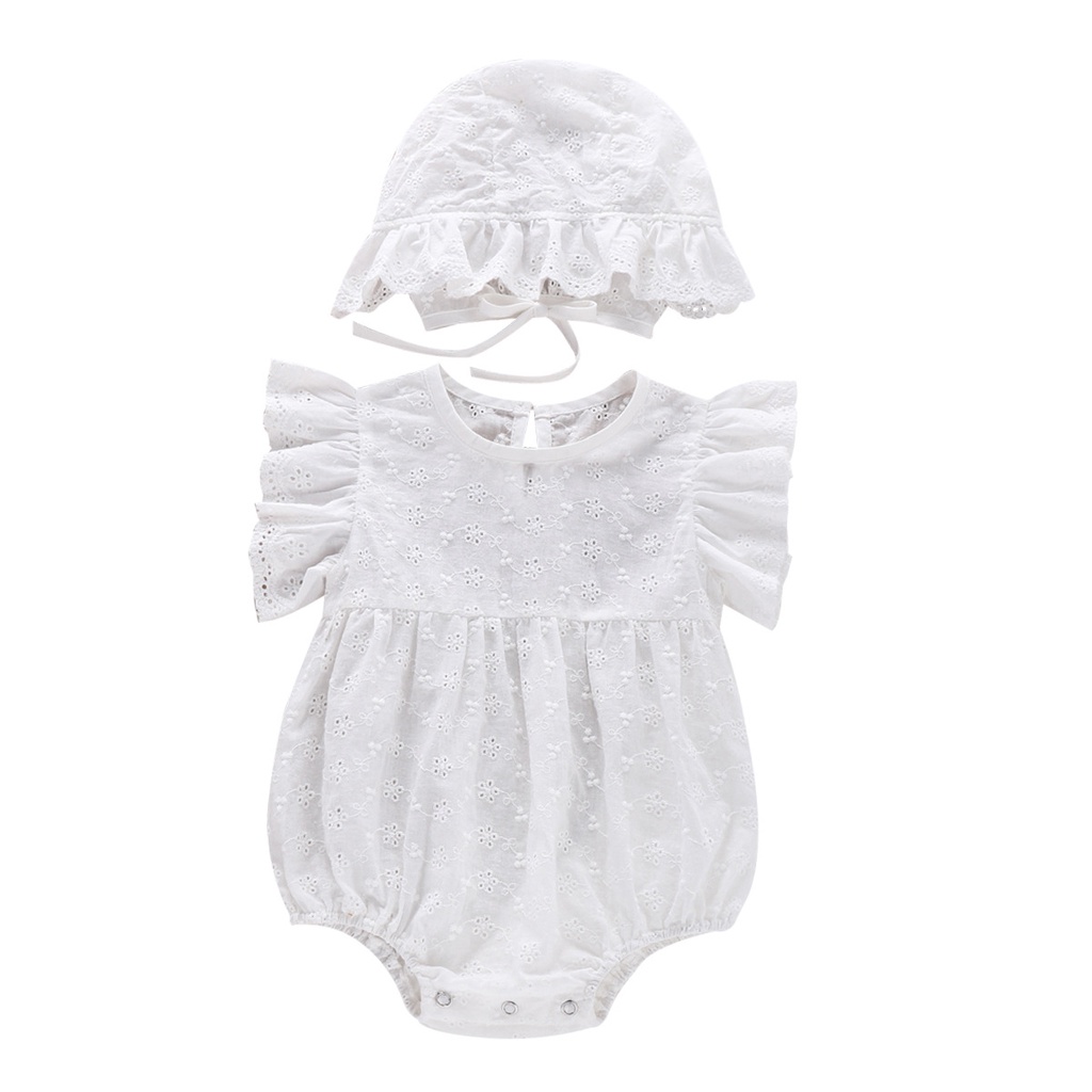 Bộ Áo Liền Quần Tay Ngắn Ren Hoa Phối Mũ Dễ Thương Dành Cho Bé Gái Từ 2 - 24 Tháng Tuổi
