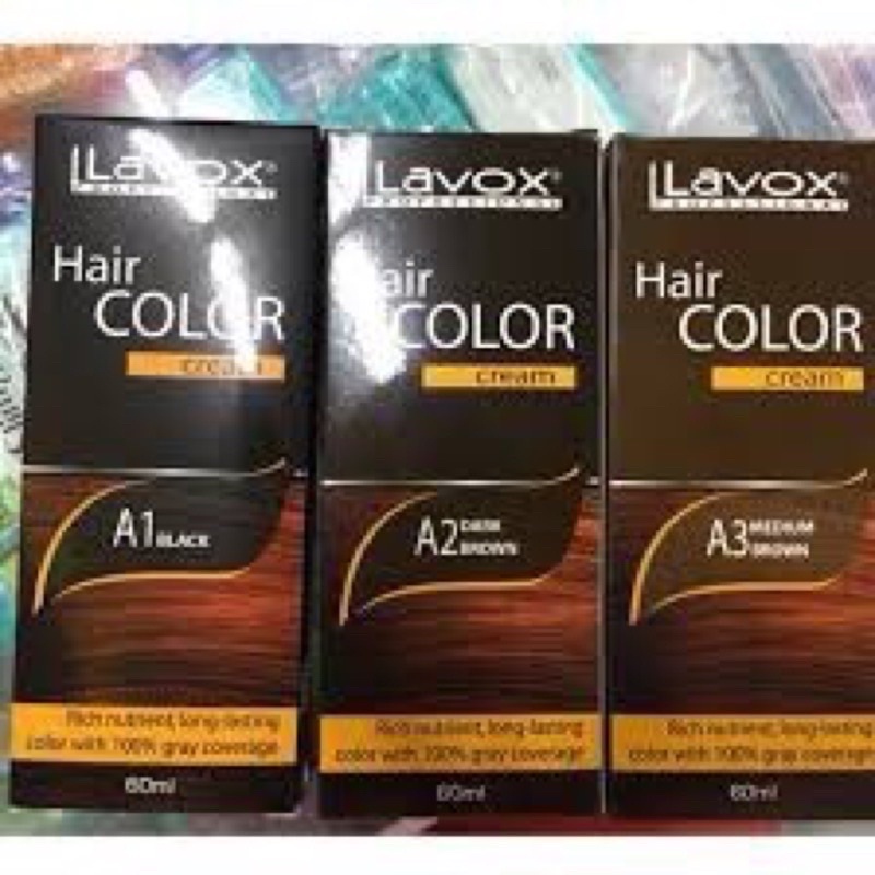 Thuốc nhuộm lavox phủ bạc 100% kèm ôxy tóp 60ml có màu đen ,nâu đen , nâu tự nhiên .không rát da đầu không khô tóc