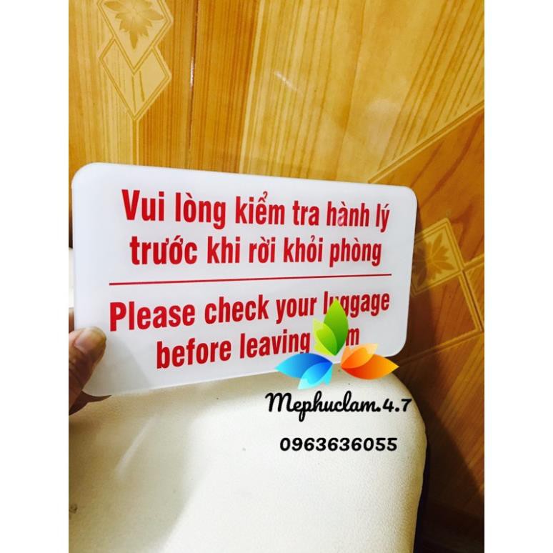 Bảng nhắc kiểm tra hành lý dùng trong khách sạn, nhà nghỉ, homestay bằng mica trong