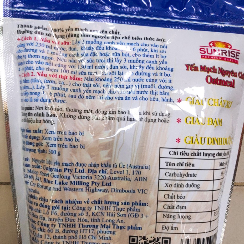 Bột Yến Mạch Nguyên Chất Oatmeal-Sunrise, Gói Xanh (500g)