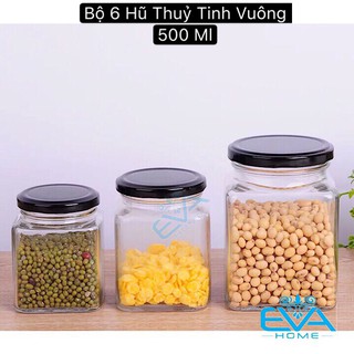 Bộ 6 Hũ Thủy Tinh Vuông Nắp Vặn Dung Tích 500 ML