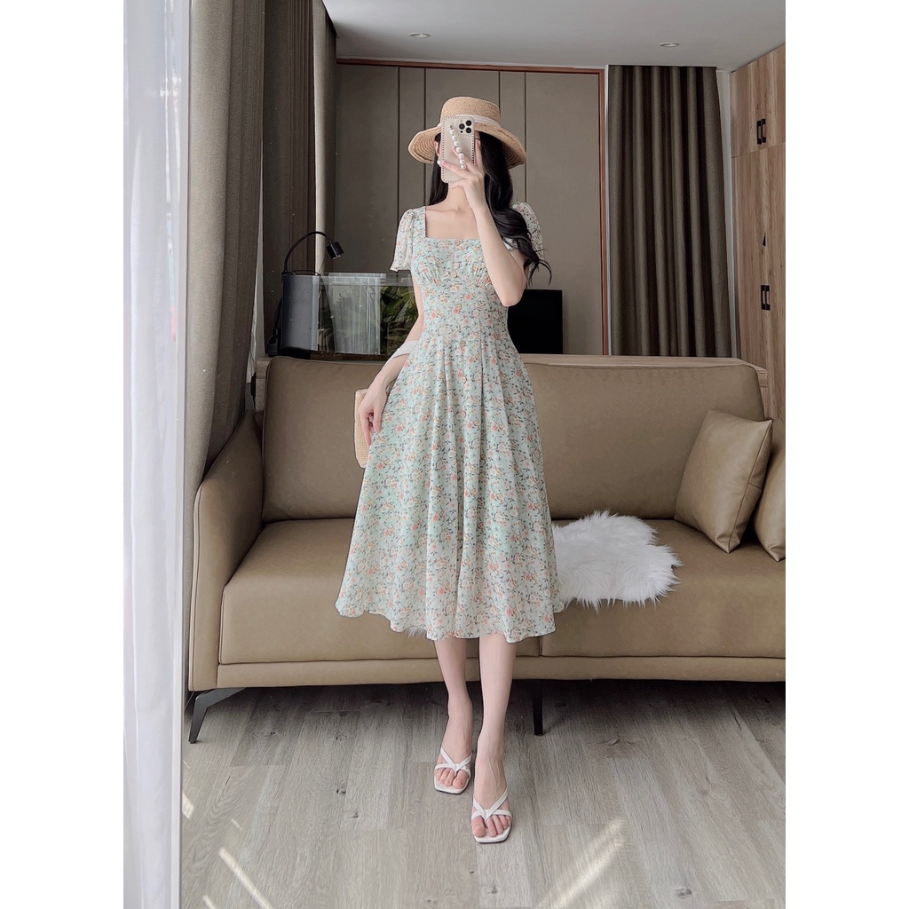 D138 VÁY CỔ VUÔNG HOA XANH