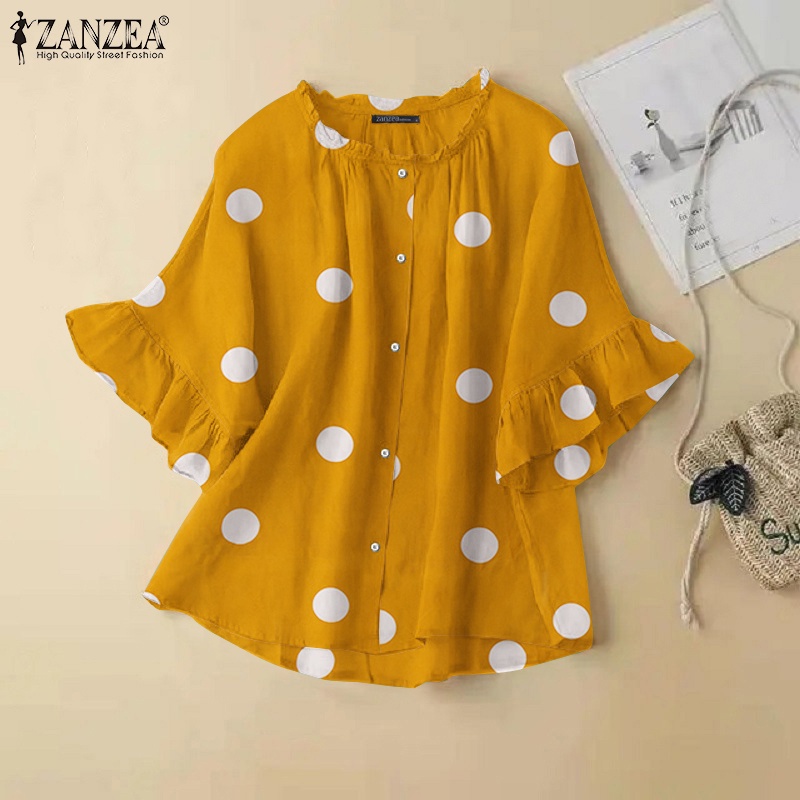 ZANZEA Áo Kiểu Cổ Tròn Tay 3 / 4 Họa Tiết Chấm Bi Phối Bèo Thời Trang Cho Nữ