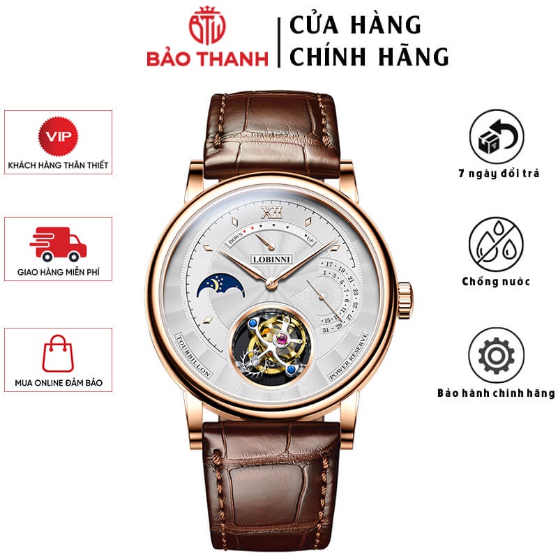 Đồng Hồ Nam LOBINNI No.8883-1 Máy Tourbillon Cao Cấp Chính Hãng BH 24T Chịu Nước 50m Kính Sapphire Chống Xước Dây Da