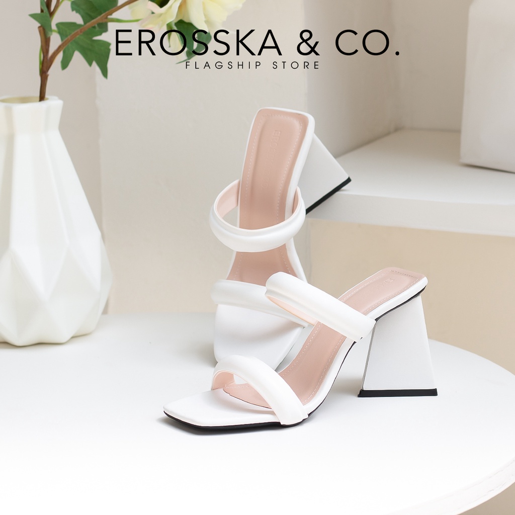 Erosska - Dép cao gót nữ mũi vuông 2 quai ngang cao 9cm màu trắng ver 2 - EMO90