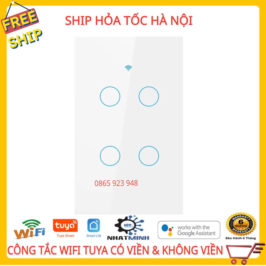 [bh 6 tháng]CÔNG TẮC WIFI CÓ RF433 TUYA 4 NÚT CẢM ỨNG HÌNH CHỮ NHẬT