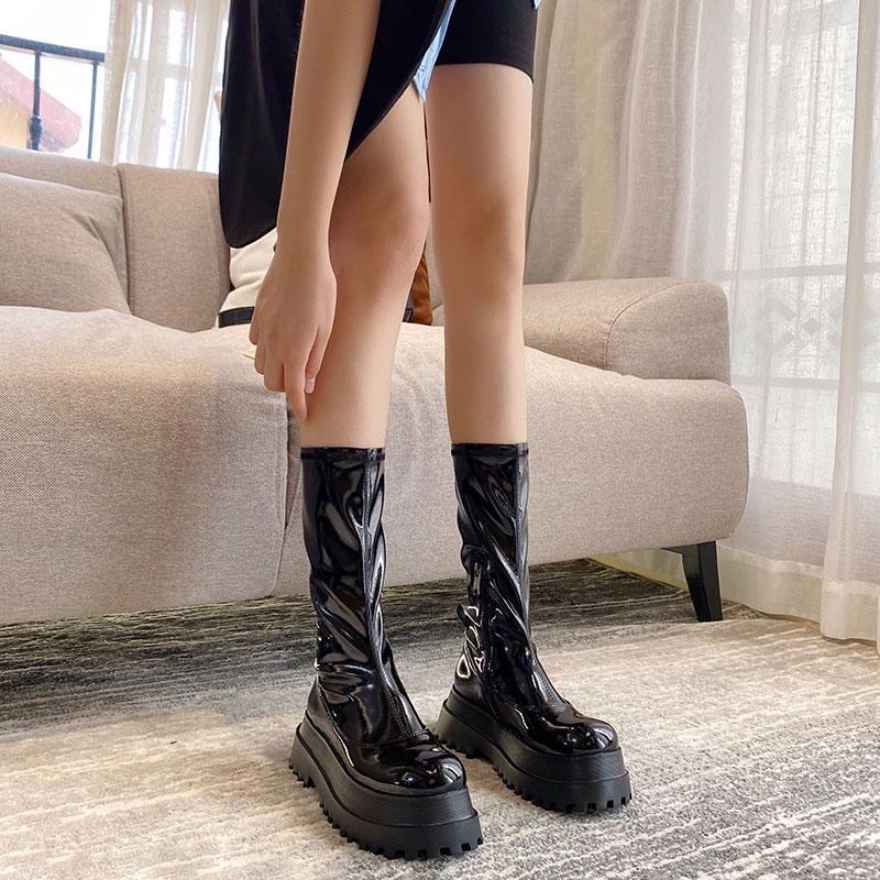Giày boot nữ da bóng cao cổ đế bánh mì cao 7cm cá tính| M7B
