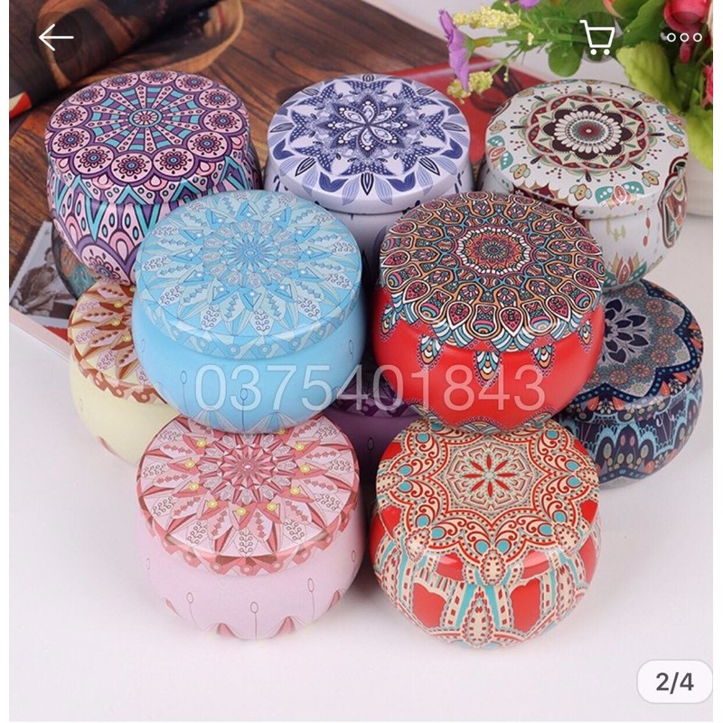 Hộp thiếc đựng nến, trà, bánh hoạ tiết hoa văn xinh xắn